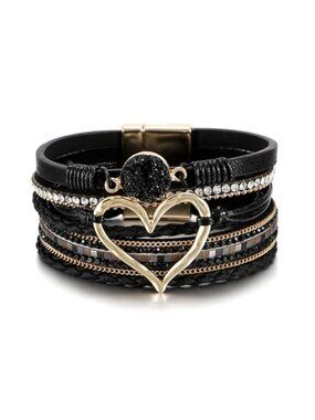 Boho Western Leather Wrap Bracelet Women Stackable Cuff Magnetic Clasp